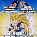 Spiderman fusion | ANDREW GARFIELD WHO IS THE BEST SPIDERMAN; TOBEY MAGUIRE WHO IS THE BEST PETER PARKER; TOM HOLLAND BEING THE BEST AT BOTH | image tagged in dbz fusion,spiderman,tom holland,tobey maguire,andrew garfield | made w/ Imgflip meme maker