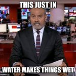 Newsreader | THIS JUST IN; WATER MAKES THINGS WET | image tagged in newsreader | made w/ Imgflip meme maker