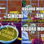 Detective Conan in a nutshell | KOGURO MOURI; KOGURO MOURI; SINICHI; SINICHI; IT'S NOT A SUICIDE; KOGURO MOURI; SINICHI | image tagged in alphabet soup | made w/ Imgflip meme maker