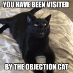 objection cat | YOU HAVE BEEN VISITED; BY THE OBJECTION CAT | image tagged in objection cat | made w/ Imgflip meme maker