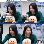 Asian Girl Drinking | THANKSGIVING DINNER; STUFFING; JELLO | image tagged in asian girl drinking | made w/ Imgflip meme maker