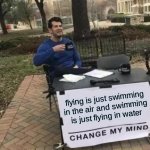someone in my dream told me this | flying is just swimming in the air and swimming is just flying in water | image tagged in memes,change my mind,dream,fly,swim | made w/ Imgflip meme maker