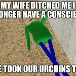 When ur wife. | MY WIFE DITCHED ME I NO LONGER HAVE A CONSCIENCE. SHE TOOK OUR URCHINS TOO. | image tagged in classified information | made w/ Imgflip meme maker