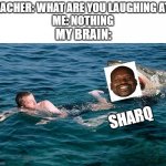 Sharq | TEACHER: WHAT ARE YOU LAUGHING AT?
ME: NOTHING; MY BRAIN:; SHARQ | image tagged in swimming with sharks,shark week,shaq,sharq,oh wow are you actually reading these tags,smgs r da best | made w/ Imgflip meme maker