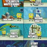 Writing a book | "IT'S EASY TO WRITE A BOOK." REJECTED MANUSCRIPTS THIRD DRAFTS SECOND DRAFTS FIRST DRAFTS STORY OUTLINES STORY IDEAS | image tagged in spongebob shows patrick garbage | made w/ Imgflip meme maker