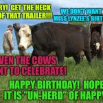 Unloading cattle  | HURRY!  GET THE HECK OUT OF THAT TRAILER!!! WE DON'T WANT TO MISS LYNZEE'S BIRTHDAY. EVEN THE COWS WANT TO CELEBRATE! HAPPY BIRTHDAY!  HOPE IT IS "UN-HERD" OF HAPPY! | image tagged in unloading cattle | made w/ Imgflip meme maker