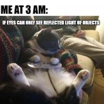 Do we ever stop looking at mirrors? | NOBODY:; ME AT 3 AM:; IF EYES CAN ONLY SEE REFLECTED LIGHT OF OBJECTS; DOES THIS MEAN THAT WE'RE ALL STARING AT MIRRORS 24/7? | image tagged in snes cat,deep thoughts,memes,funny | made w/ Imgflip meme maker