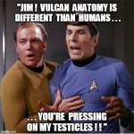 Star Trek Inappropriate Touching | "JIM !  VULCAN  ANATOMY IS  DIFFERENT  THAN  HUMANS . . . . . . YOU'RE  PRESSING ON MY TESTICLES ! ! " | image tagged in star trek inappropriate touching | made w/ Imgflip meme maker