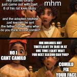 um idk | mhm; hey comilo bruno just came out with part 8 of his rat love story; and the adopted nephew just learned he isnt the father of the baby what do you think is next comilo? IDK DOLORES BUT THATS ALOT TO TAKE IN AT ONE TIME I CANT WAIT FOR NEXT SEASON CAN YOU? NO I CANT CAMILO; COMILO FIX YOUR FACE | image tagged in camilo face | made w/ Imgflip meme maker