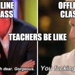 Gordon Ramsay kids vs adults | ONLINE CLASS OFFLINE CLASS TEACHERS BE LIKE | image tagged in gordon ramsay kids vs adults | made w/ Imgflip meme maker