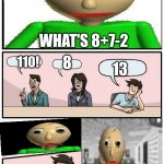 this actually happened to me but it was with 7+5>:( | WHAT'S 8+7-2; 8; 13; 110! | image tagged in baldi s meeting suggestion,math,baldi | made w/ Imgflip meme maker