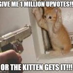 Upvotes to save the kitten | GIVE ME 1 MILLION UPVOTES!!! OR THE KITTEN GETS IT!!! | image tagged in gun menacing kitten | made w/ Imgflip meme maker