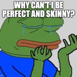 pepe cry | WHY CAN'T I BE PERFECT AND SKINNY? | image tagged in pepe cry | made w/ Imgflip meme maker