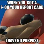 Ugandan Knuckles | WHEN YOU  GOT A F- ON YOUR REPORT CARD; I HAVE NO PURPOSE | image tagged in ugandan knuckles | made w/ Imgflip meme maker