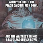 Fishbowl | WHEN YOU ORDER THE PEACH DAIQUIRI FISH BOWL; AND THE WAITRESS BRINGS A BLUE LAGOON FISH BOWL | image tagged in pondering my orb | made w/ Imgflip meme maker