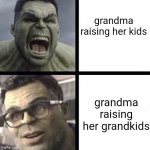 Professor Hulk | grandma raising her kids; grandma raising her grandkids | image tagged in professor hulk | made w/ Imgflip meme maker