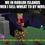 And that's the story of how I made INFINITE MONEY | ME IN ROBLOX ISLANDS WHEN I SELL WHEAT TO BY WHEAT | image tagged in and that's the story of how i made infinite money | made w/ Imgflip meme maker