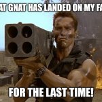 If a 100 ft tall giant was ready to crush me, I wouldn't continously try to walk on its face. But bugs...they are dumb | THAT GNAT HAS LANDED ON MY FACE; FOR THE LAST TIME! | image tagged in arnold schwarzenegger commando,bugs,special kind of stupid | made w/ Imgflip meme maker