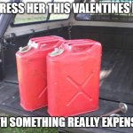 gas cans | IMPRESS HER THIS VALENTINES DAY; WITH SOMETHING REALLY EXPENSIVE | image tagged in gas cans,valentines day | made w/ Imgflip meme maker