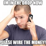 nft drop money | IM IN THE DROP NOW; PLEASE WIRE THE MONEY!! | image tagged in guy on phone | made w/ Imgflip meme maker