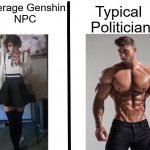 Reference: 1. Genshin Impact - 2. Metal Gear Rising: Revengeance | Average Genshin
NPC Typical
 Politician | image tagged in strongest ___ fan vs weakest ___ enjoyer | made w/ Imgflip meme maker