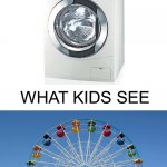 This is dangerous IRL tho | WHAT ADULTS SEE; WHAT KIDS SEE | image tagged in parents vs kids,roller coaster,washing machine,rollercoaster,memes,funny | made w/ Imgflip meme maker