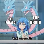 Hydra | THE WIZARD; THE ARCHER; THE DRUID; THE MURDERHOBO | image tagged in miss kuroitsu from monster development department | made w/ Imgflip meme maker