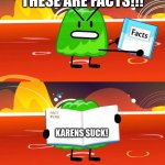 THESE ARE FACTS!!!  (no offense if your a Karen but nice) | THESE ARE FACTS!!! KARENS SUCK! | image tagged in gelatin's book of facts | made w/ Imgflip meme maker
