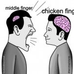 the more you know the less you need to say | middle finger; chicken finger | image tagged in small brain yelling at big brain | made w/ Imgflip meme maker