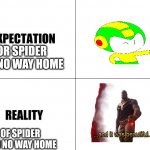 Expectation vs Reality | FOR SPIDER MAN NO WAY HOME OF SPIDER MAN NO WAY HOME | image tagged in expectation vs reality,spiderman,spider man no way home,tom holland,tobey maguire,andrew garfield | made w/ Imgflip meme maker