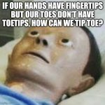 Traumatized Mannequin | IF OUR HANDS HAVE FINGERTIPS BUT OUR TOES DON'T HAVE TOETIPS, HOW CAN WE TIP TOE? | image tagged in traumatized mannequin | made w/ Imgflip meme maker