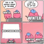 daily wof meme 34 | WINTER; WINTER; WINTER; WREN SPEAKING DRAGON; WINTER    WINTER; WINTER | image tagged in this is the happiest memory in the brain | made w/ Imgflip meme maker