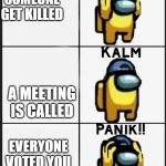 PANIKKKKKK!!!!!!!!!! | YOU SEE SOMEONE GET KILLED; A MEETING IS CALLED; EVERYONE VOTED YOU | image tagged in among us panik | made w/ Imgflip meme maker