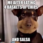 Chips and salsa | ME AFTER EATING 4 BASKETS OF CHIPS; AND SALSA | image tagged in cheesy grin | made w/ Imgflip meme maker