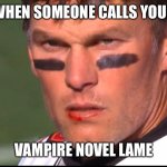 When’s someone calls your vampire novel lame | WHEN SOMEONE CALLS YOUR; VAMPIRE NOVEL LAME | image tagged in mad bloody lip tom brady | made w/ Imgflip meme maker