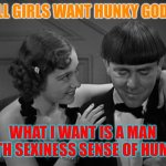 Hot Moe | ALL GIRLS WANT HUNKY GODS; WHAT I WANT IS A MAN WITH SEXINESS SENSE OF HUMOR | image tagged in sexy moe | made w/ Imgflip meme maker