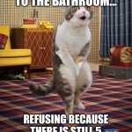 Holding it in! | NEEDING TO GO TO THE BATHROOM... REFUSING BECAUSE THERE IS STILL 5 MINUTES LEFT IN THE MOVIE... | image tagged in memes,gotta go cat | made w/ Imgflip meme maker