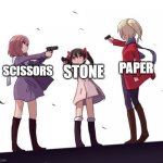 Rock Paper Scissors | PAPER; STONE; SCISSORS | image tagged in three-way attack,rock paper scissors | made w/ Imgflip meme maker