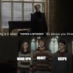 Creative Title | THERES A SPONSER; NORD VPN; HONEY; KEEPS | image tagged in why is it always you 3 | made w/ Imgflip meme maker