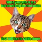 You just can't win. | When your wife is in a bad mood help her feel better. Just tell her to smile more. | image tagged in memes,bad advice cat,funny | made w/ Imgflip meme maker