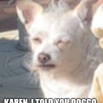 Old man doggo frustrated with Karen | KAREN, I TOLD YOU DOGGO NO WAKEY BEFORE DINNER.. | image tagged in old man doggo,karen,sleep,wake up,angry,angry old man | made w/ Imgflip meme maker