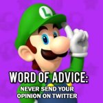 luigi's word of advice pt.1 | NEVER SEND YOUR OPINION ON TWITTER | image tagged in memes,twitter | made w/ Imgflip meme maker
