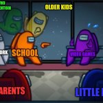 I cant think of a title | PETS WHO WANT ATTENTOIN OLDER KIDS SCHOOL VIDEO GAMES PARENTS HOMEWORK LITTLE KIDS | image tagged in among us blame | made w/ Imgflip meme maker