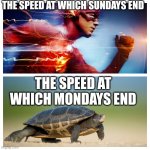 I hate Mondays | THE SPEED AT WHICH SUNDAYS END; THE SPEED AT WHICH MONDAYS END | image tagged in fast vs slow,fast,funny,flash,funny memes,smart | made w/ Imgflip meme maker