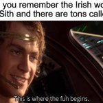 This is where the fun begins | When you remember the Irish word for fairy is Sith and there are tons called Sith: | image tagged in this is where the fun begins,star wars,prequel memes,mythology | made w/ Imgflip meme maker