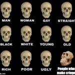 types of people in the world | People who make cringe | image tagged in different type of skulls,oh no cringe | made w/ Imgflip meme maker