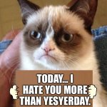 Today… I Hate You More Than Yesterday. | TODAY… I HATE YOU MORE THAN YESTERDAY. | image tagged in grumpy cat cardboard sign,memes,hate,haters gonna hate | made w/ Imgflip meme maker