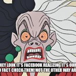 Cruella Deville | HEY LOOK IT'S FACEBOOK REALIZING IT'S OUR JOB TO FACT CHECK THEM. NOT THE OTHER WAY AROUND. | image tagged in cruella deville | made w/ Imgflip meme maker