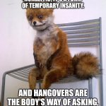 Drinking fox | DRUNKENNESS IS NOT ROMANTIC; IT'S A FORM OF TEMPORARY INSANITY. AND HANGOVERS ARE THE BODY'S WAY OF ASKING, 'WHAT WERE YOU THINKING? | image tagged in stoned fox,hangover,drunk,drinking | made w/ Imgflip meme maker