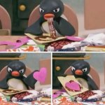 Angry Pingu making a card meme